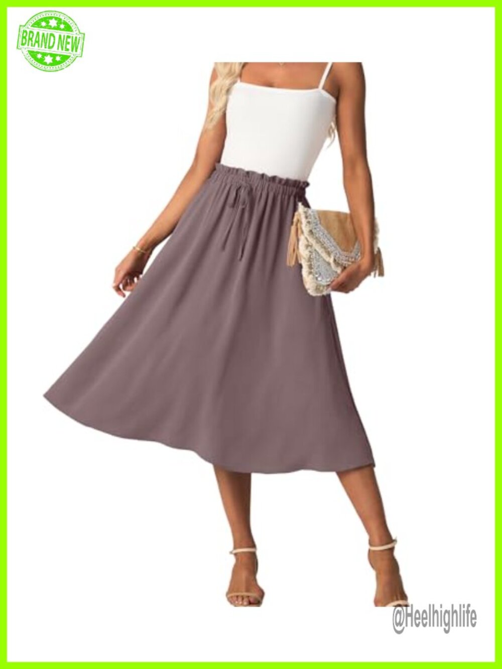 FREEOAK High Waist Flowy Midi Skirt with Pockets A-Line Below Knee